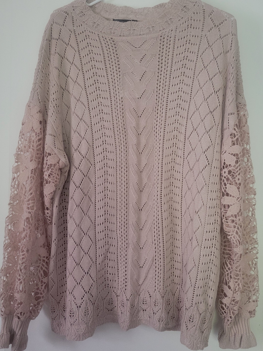 Lace-Sleeve Open-Knit Crewneck Sweater - Blush Pink